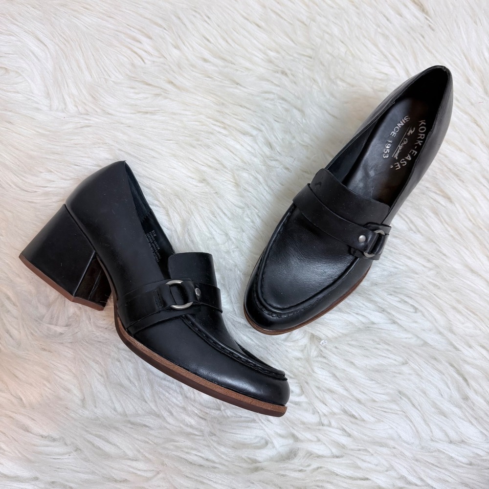 Kork-Ease Black Leather Block Heel Loafers Buckle Strap Moc Toe Shoes 9.5M